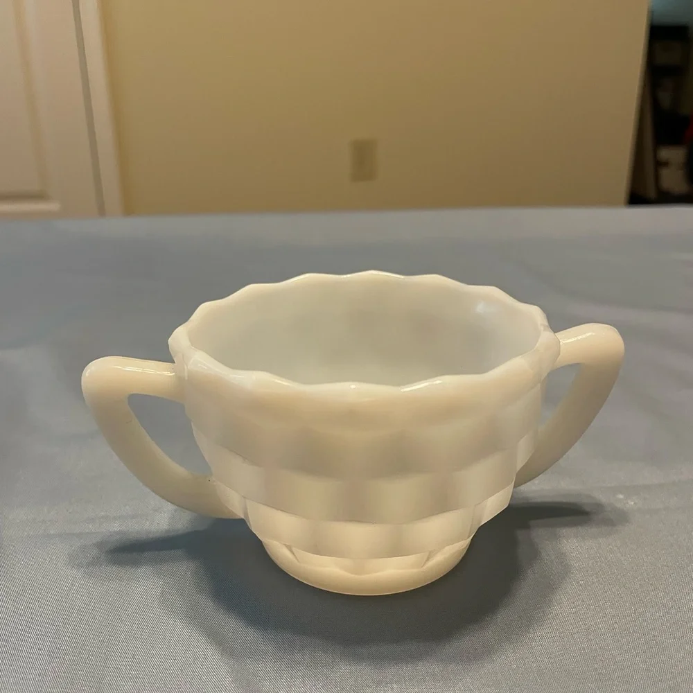 Vintage White Milk Glass Creamer and Open Sugar Bowl Set Cube or Cubist Pattern